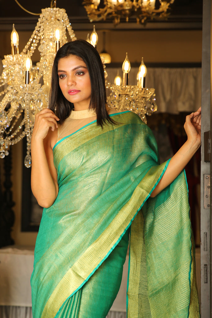 Turquoise Tissue Linen Saree With Zari freeshipping - Charukriti