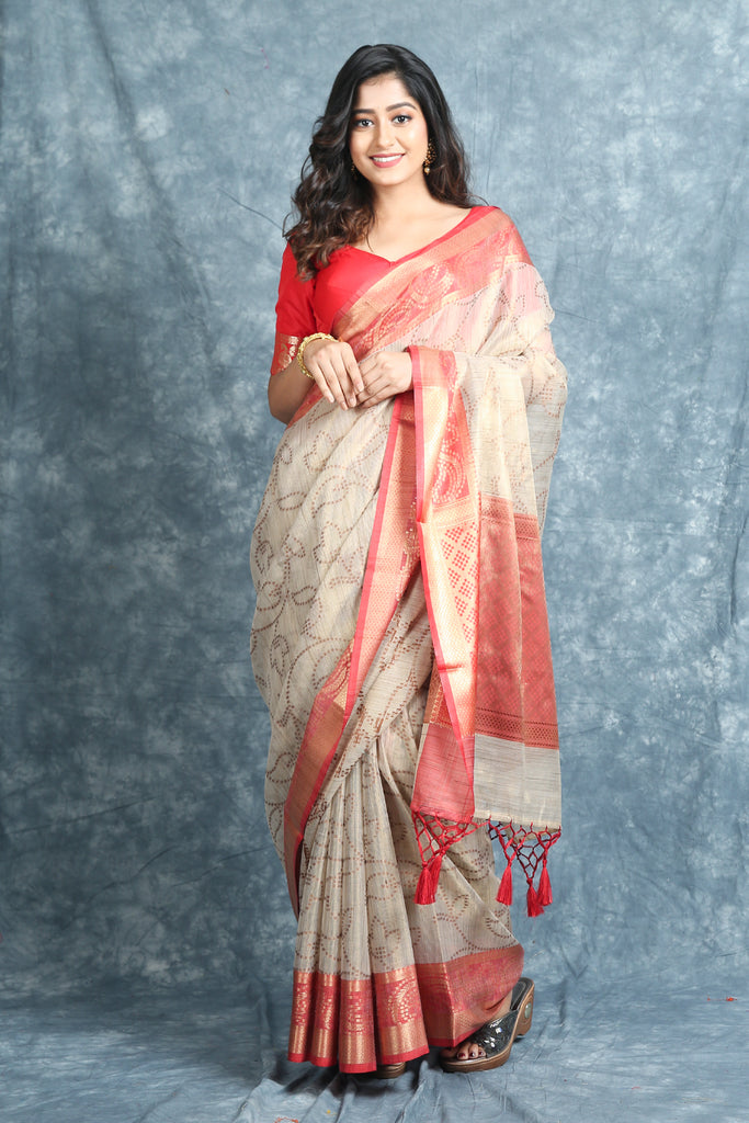 Off White Tissue Saree With Woven Design freeshipping - Charukriti