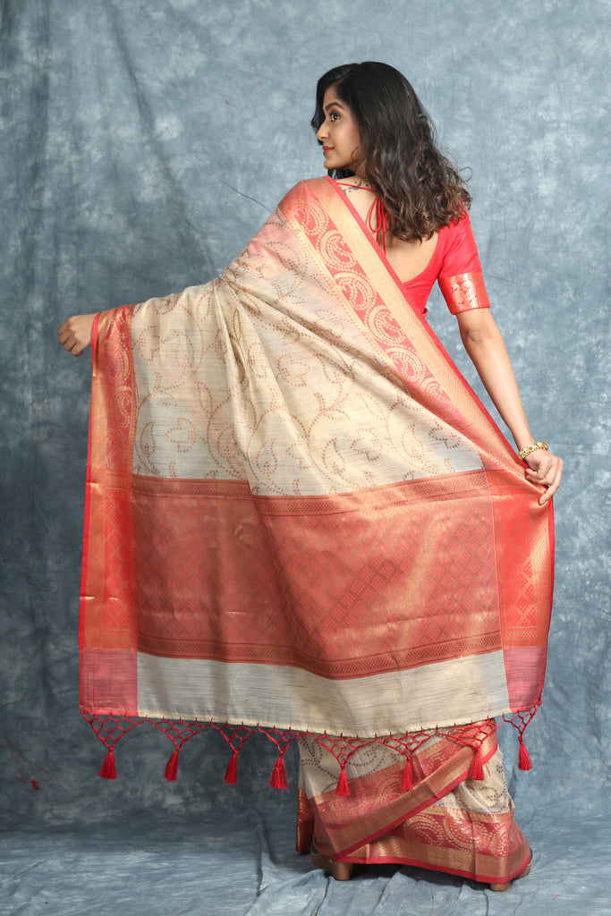 Off White Tissue Saree With Woven Design freeshipping - Charukriti