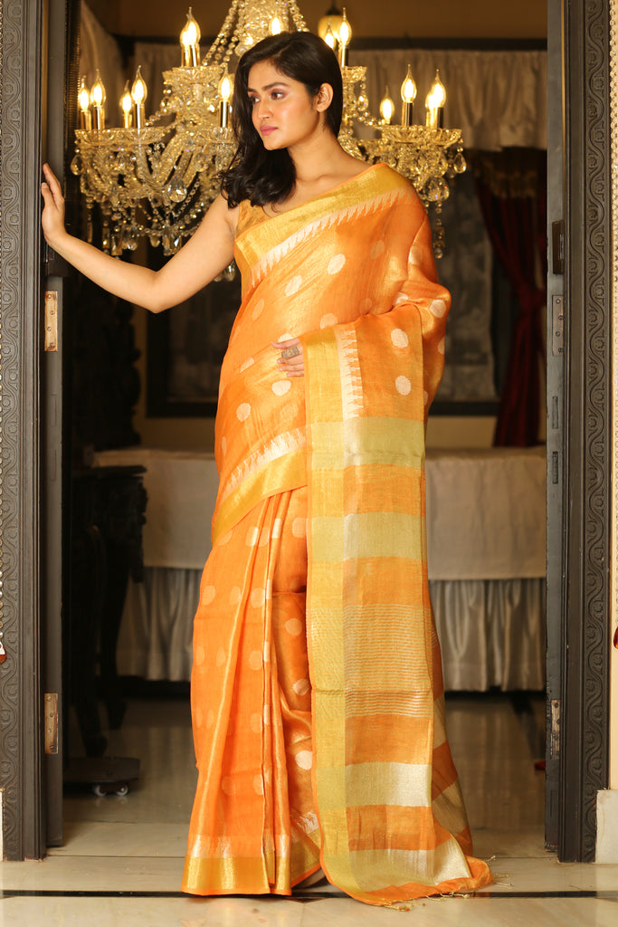 Light Orange Tissue Linen Saree freeshipping - Charukriti