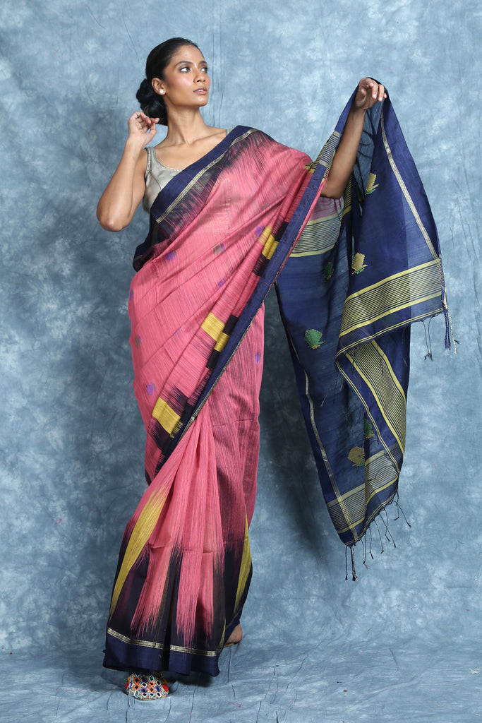 Ikkat Desing Rough Pink Handloom Saree freeshipping - Charukriti
