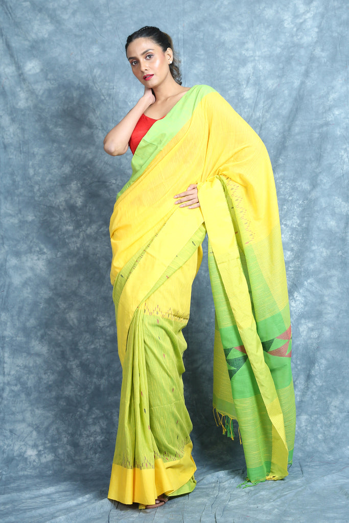 Yellow & Green Cotton Saree With Geometrics Pallu freeshipping - Charukriti