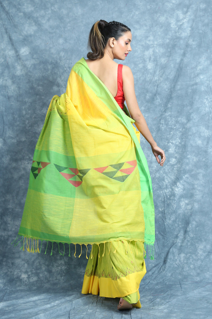 Yellow & Green Cotton Saree With Geometrics Pallu freeshipping - Charukriti