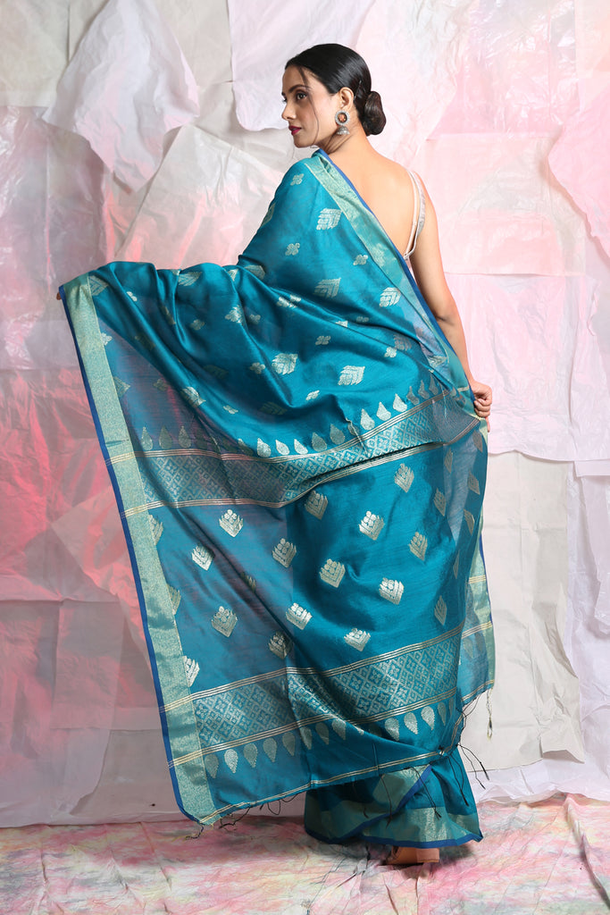 Teal Leaf Motif Zari Weaving Handloom Saree freeshipping - Charukriti
