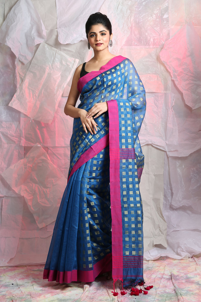 Allover Box Zari Weaving Blue Handloom Saree freeshipping - Charukriti