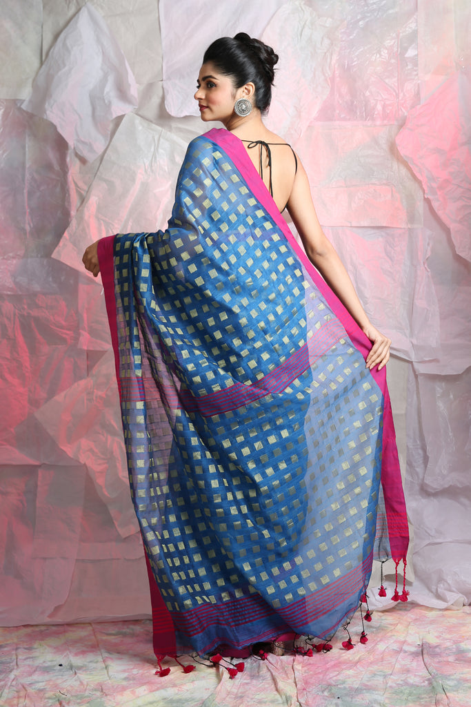 Allover Box Zari Weaving Blue Handloom Saree freeshipping - Charukriti