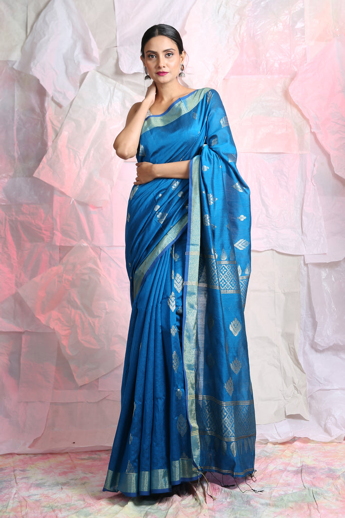 Blue Leaf Motif Zari Weaving Handloom Saree freeshipping - Charukriti