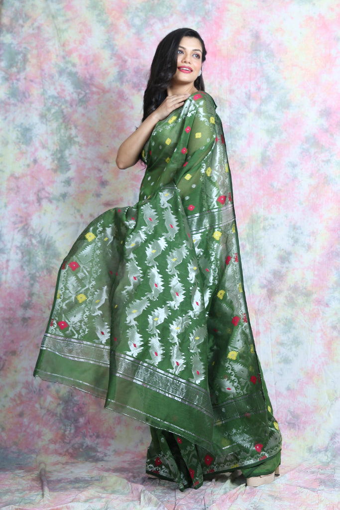 Allover butta Weaving Green Jamdani Saree freeshipping - Charukriti
