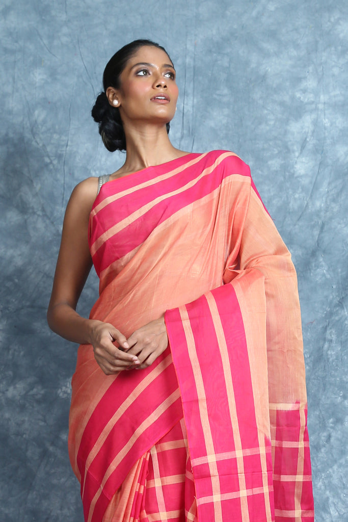 Peach & Pink Checks Design Patli Pallu Handloom Saree freeshipping - Charukriti