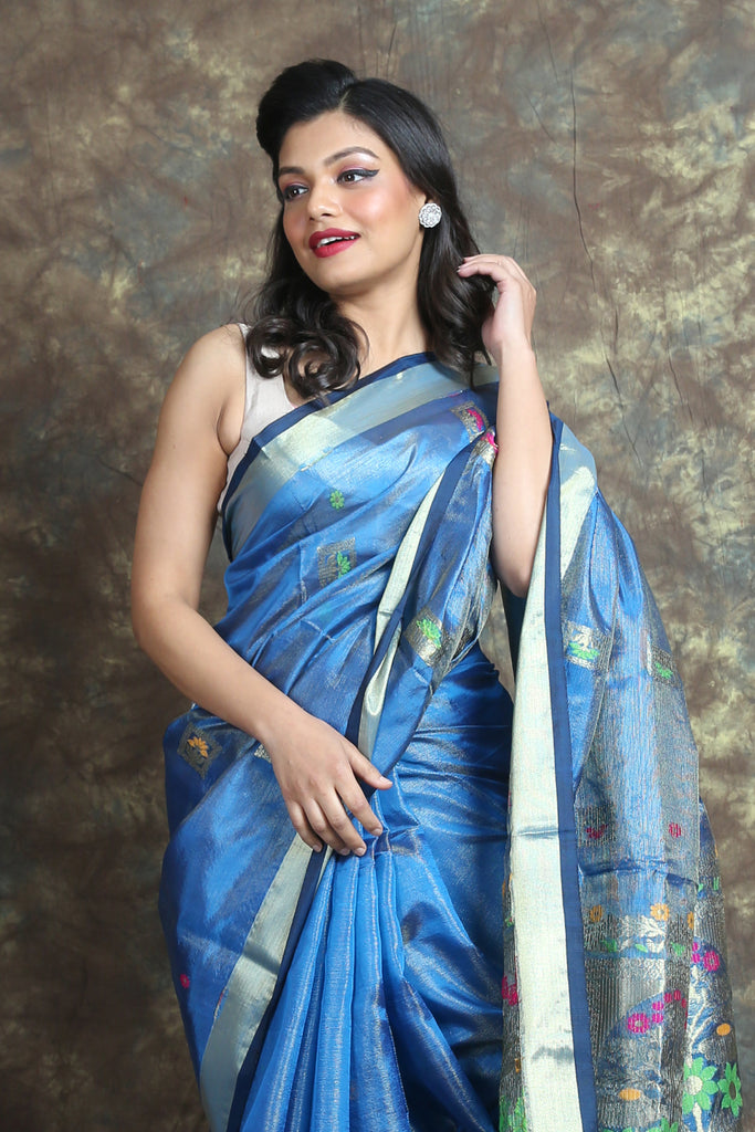 Azure Blue Tissue With Rich Pallu freeshipping - Charukriti