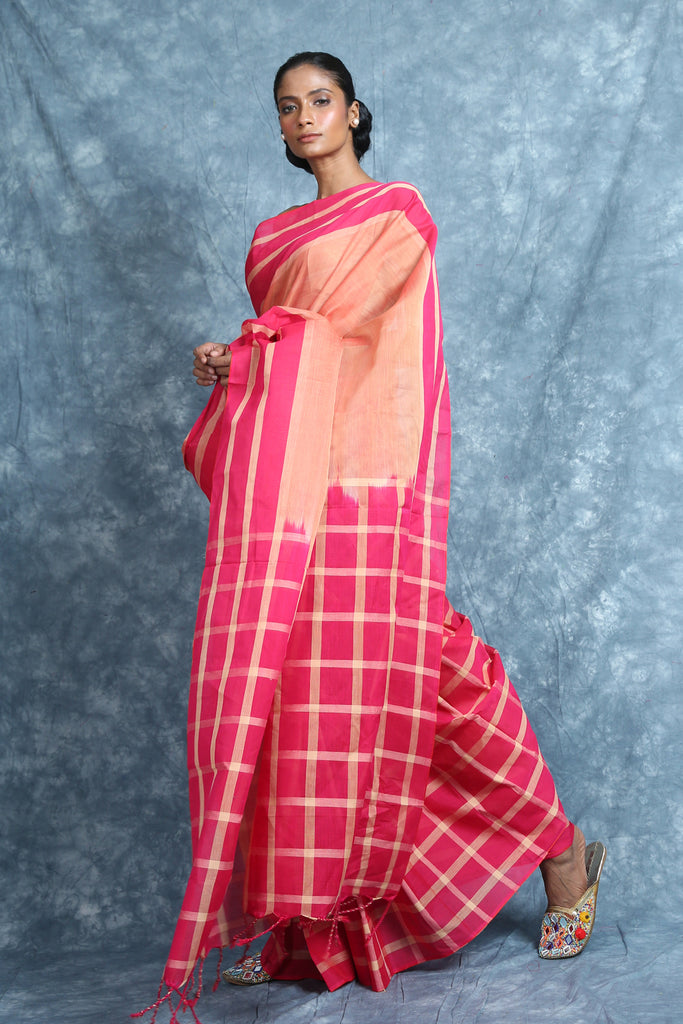 Peach & Pink Checks Design Patli Pallu Handloom Saree freeshipping - Charukriti