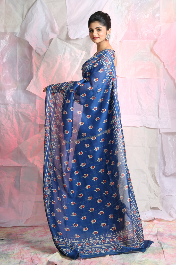 Blue Flower Motif Ajrakh Print Chanderi Silk Saree freeshipping - Charukriti