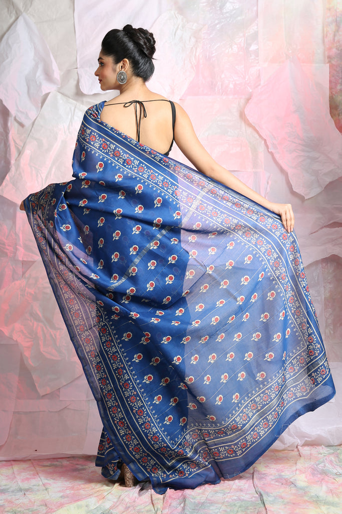 Blue Flower Motif Ajrakh Print Chanderi Silk Saree freeshipping - Charukriti