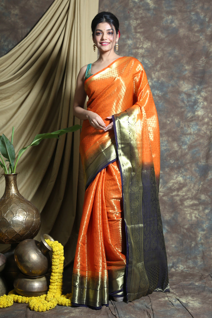 Orange Brocade Banarasi Silk Saree freeshipping - Charukriti
