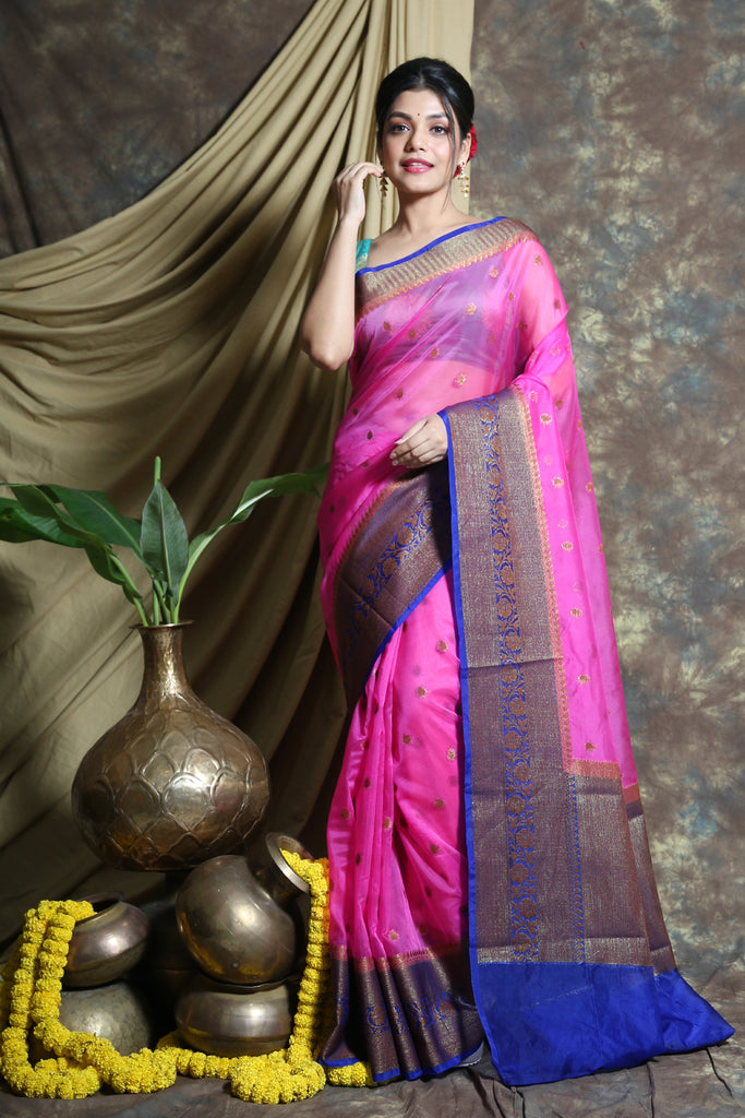 Pink Organza Saree With Allover Zari Buta Weaving freeshipping - Charukriti