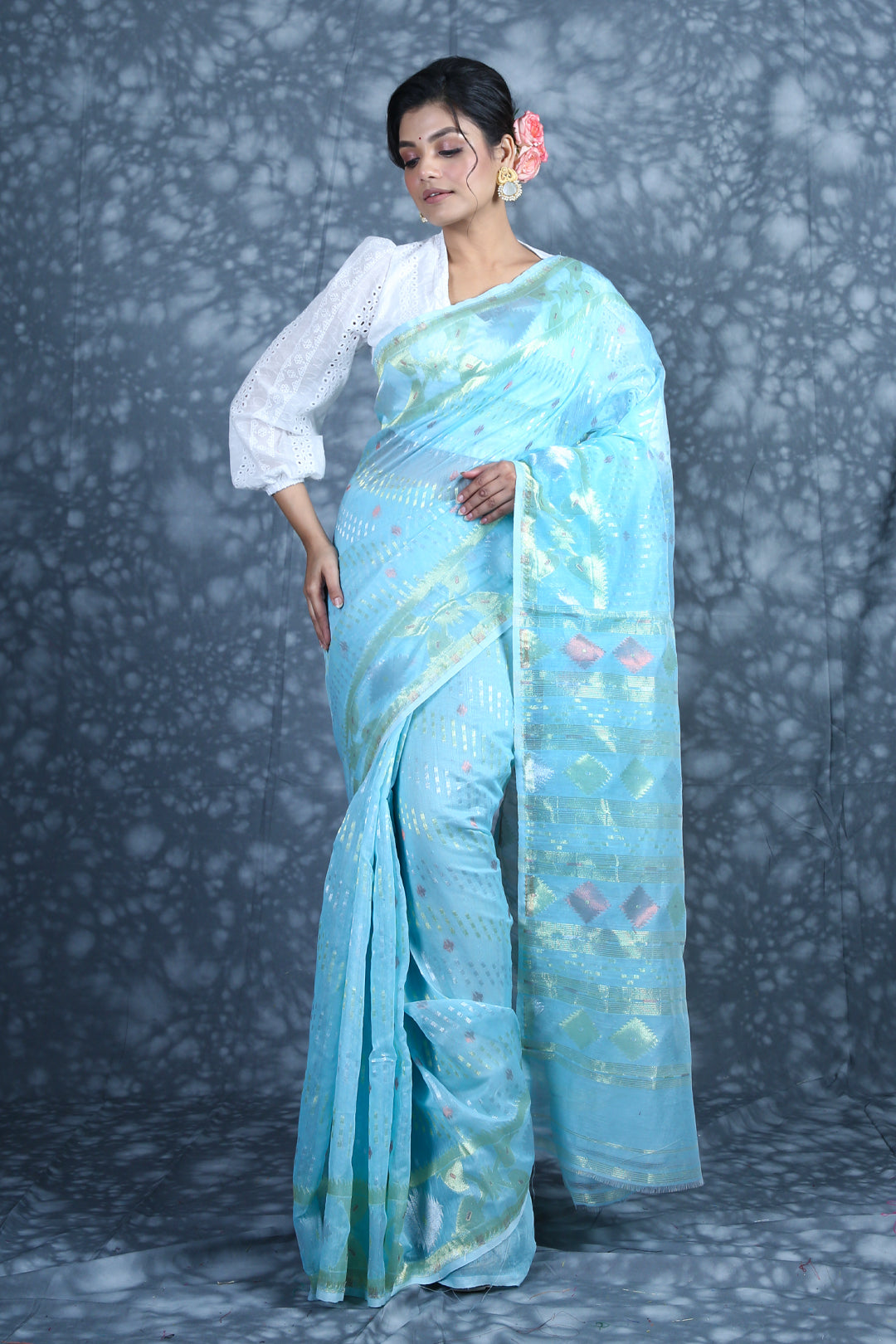 Net Saree with blouse in Sky blue colour 6893