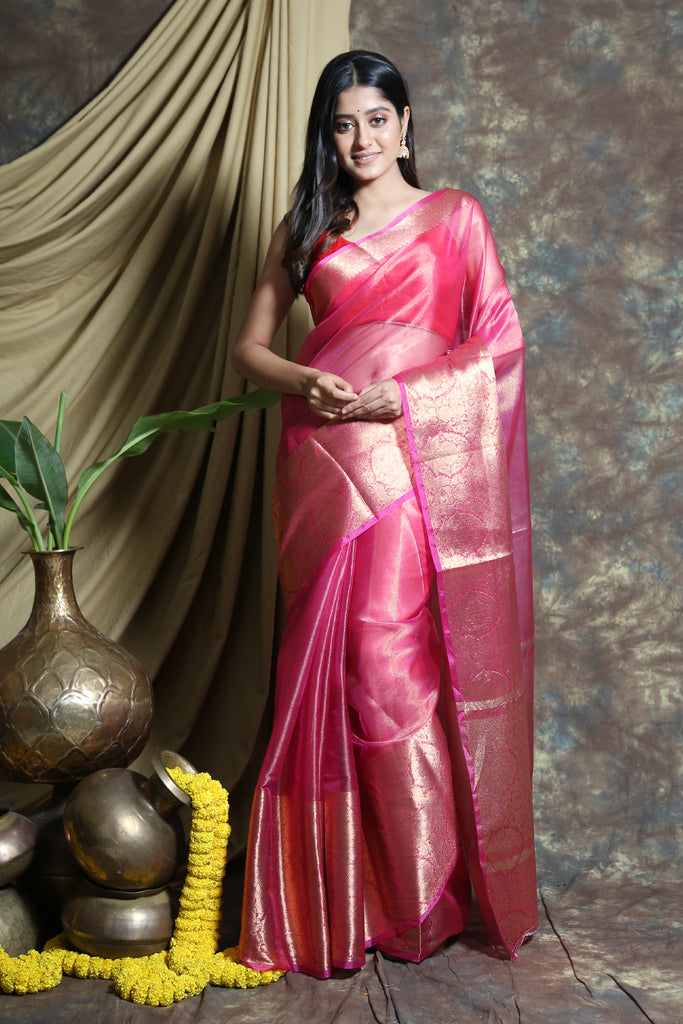 Pink Tissue Saree With Golden Zari Weaving freeshipping - Charukriti