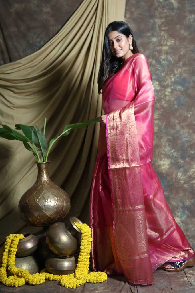 Pink Tissue Saree With Golden Zari Weaving freeshipping - Charukriti