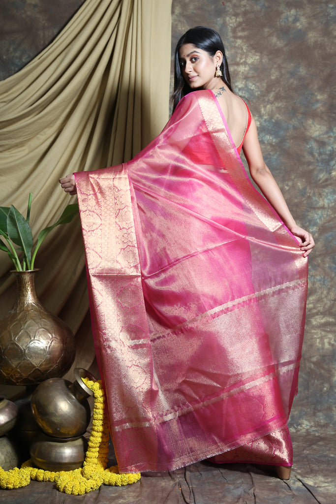 Pink Tissue Saree With Golden Zari Weaving freeshipping - Charukriti