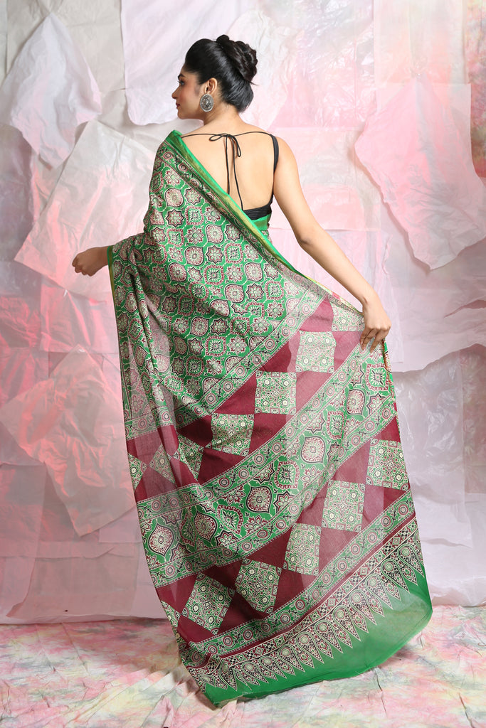Green Ajrakh Printed Saree freeshipping - Charukriti