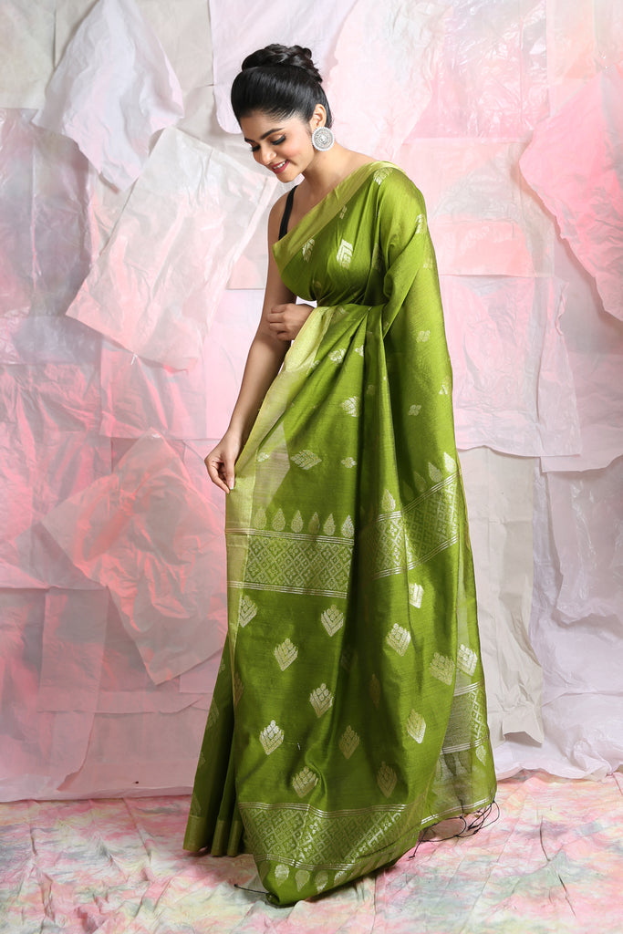 Slimy Green Leaf Motif Zari Weaving Handloom Saree freeshipping - Charukriti