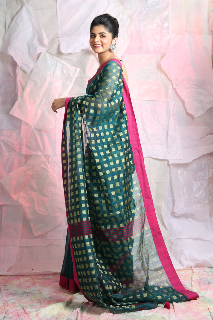 Allover Box Zari Weaving Teal Handloom Saree freeshipping - Charukriti
