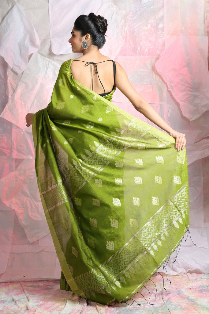 Slimy Green Leaf Motif Zari Weaving Handloom Saree freeshipping - Charukriti