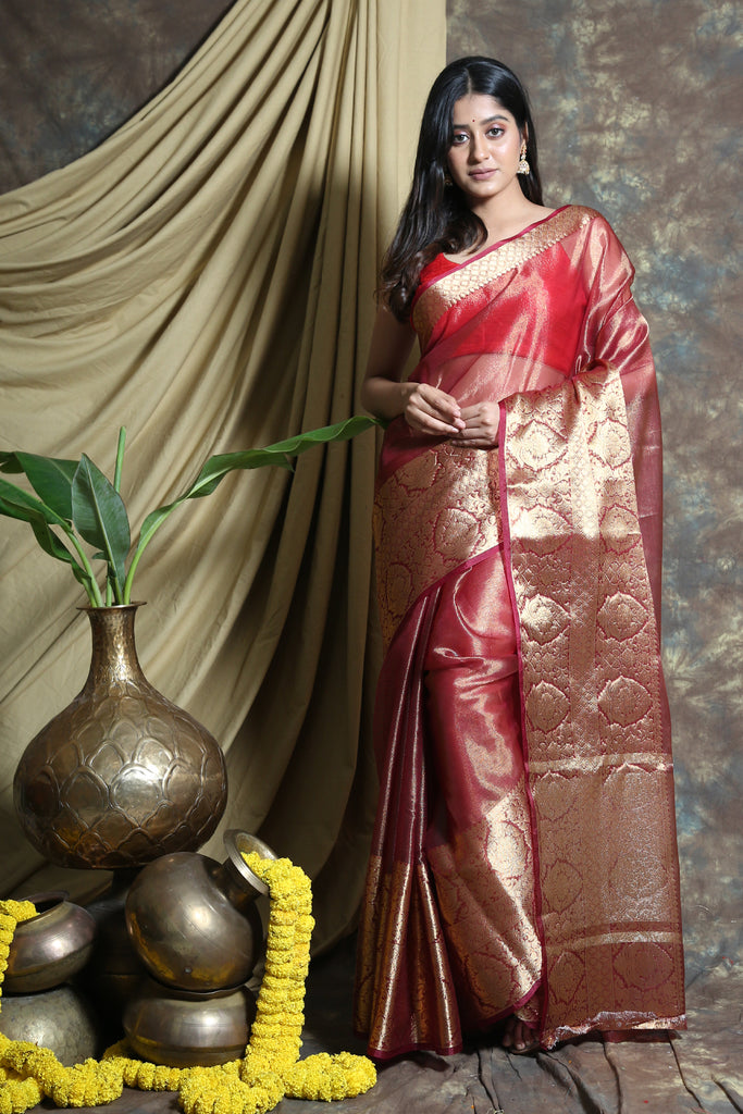 Maroon Tissue Saree With Golden Zari Weaving Charukriti