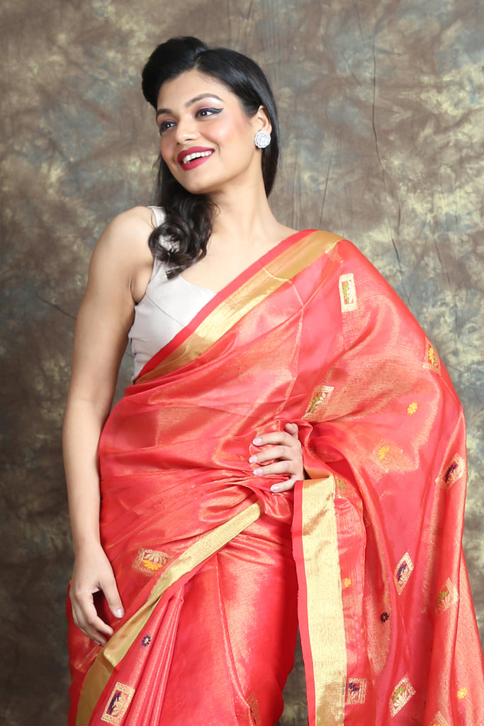 Red Tissue With Rich Pallu freeshipping - Charukriti