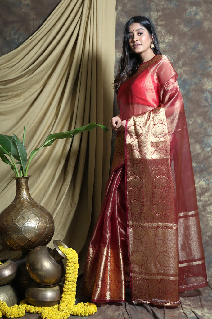 Maroon Tissue Saree With Golden Zari Weaving Charukriti