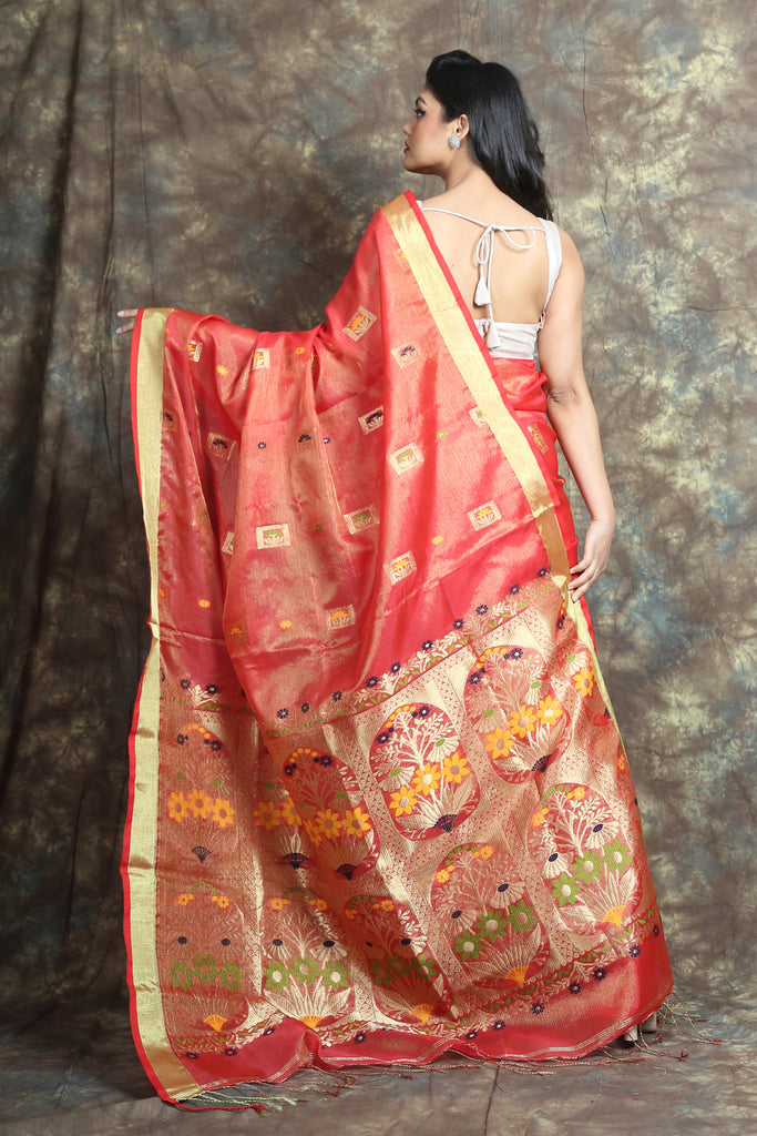Red Tissue With Rich Pallu freeshipping - Charukriti