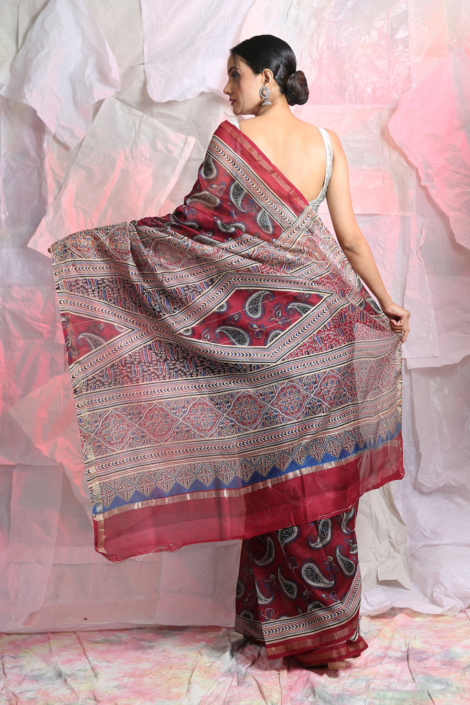 Burgundy Color Ajrakh Printed Chanderi Silk Saree freeshipping - Charukriti