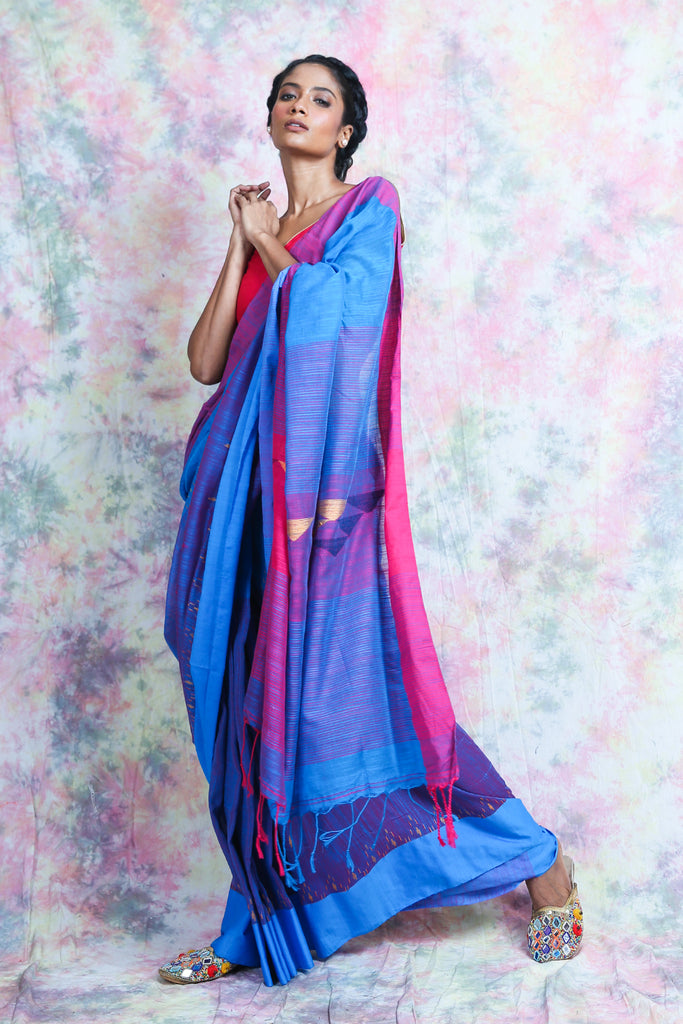 Blue Cotton Saree With Geometrics Pallu freeshipping - Charukriti