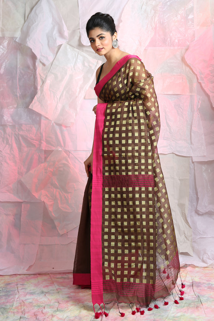 Zari Box Weaving Brown Handloom Saree freeshipping - Charukriti