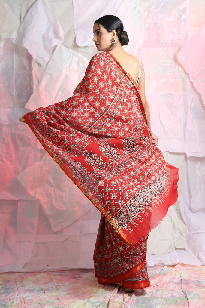 Red Ajrakh Print Cotton Saree freeshipping - Charukriti