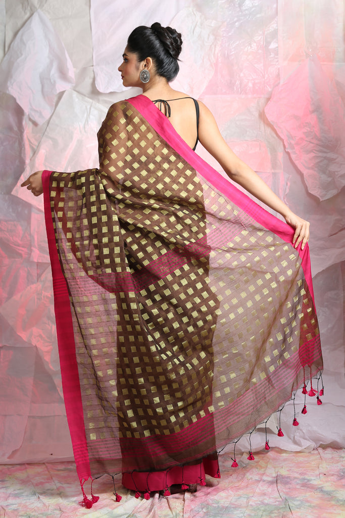 Zari Box Weaving Brown Handloom Saree freeshipping - Charukriti