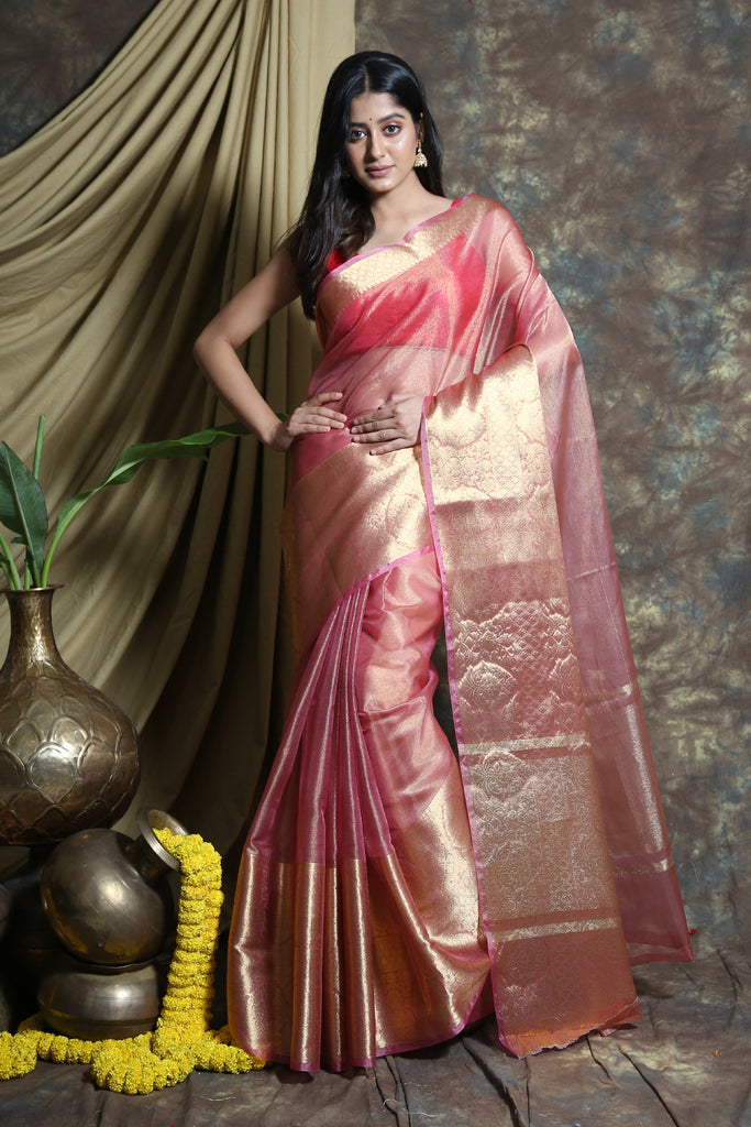 Rouge Pink Tissue Saree With Golden Zari Weaving freeshipping - Charukriti