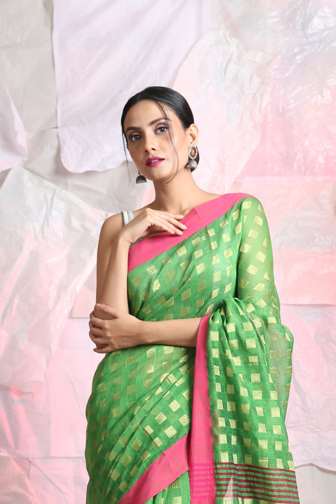 Slimy Green Zari Box Weaving Handloom Saree freeshipping - Charukriti