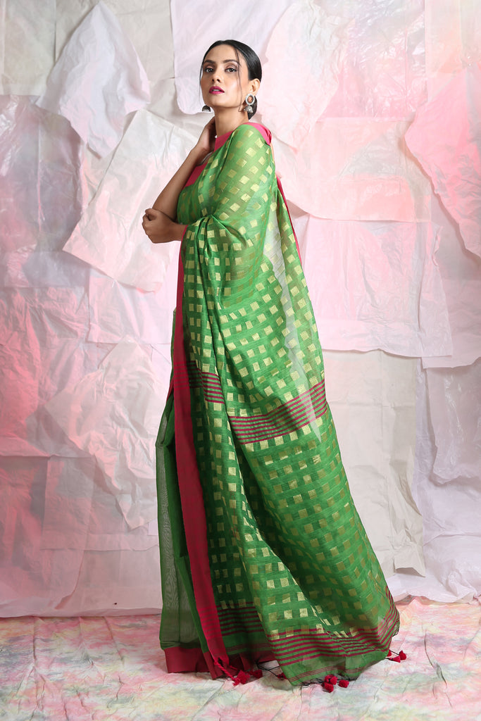 Slimy Green Zari Box Weaving Handloom Saree freeshipping - Charukriti