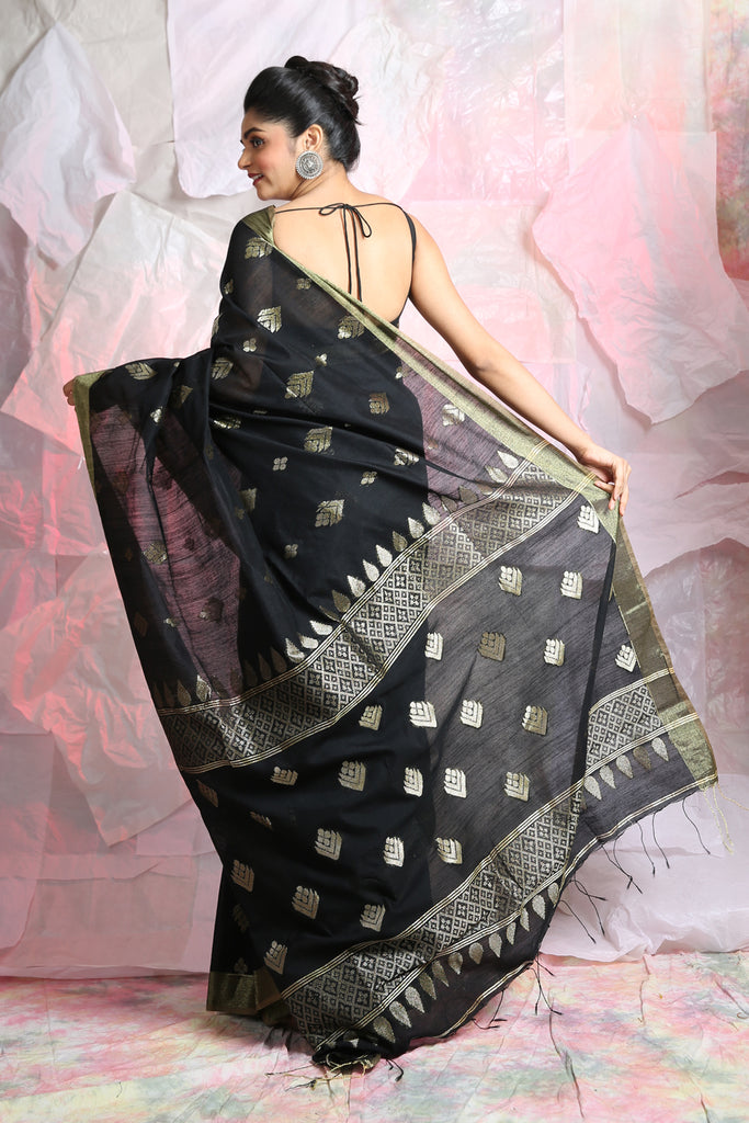 Black Leaf Motif Zari Weaving Handloom Saree freeshipping - Charukriti
