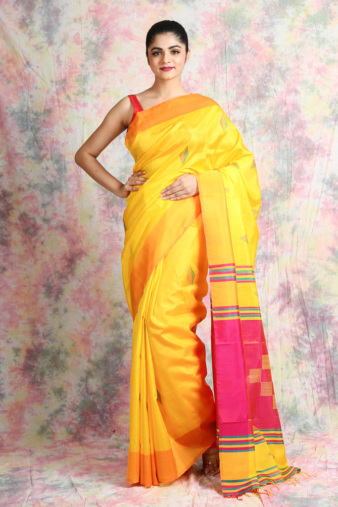 Yellow Allover Butta Weaving Katan Silk Saree freeshipping - Charukriti