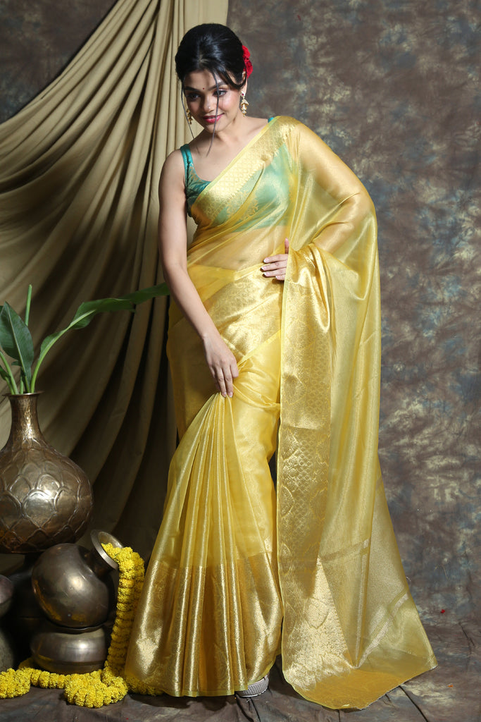 Light Yellow Tissue Saree With Golden Zari Weaving freeshipping - Charukriti