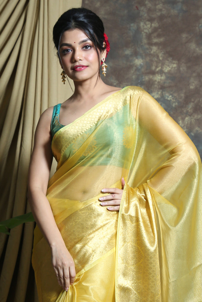 Light Yellow Tissue Saree With Golden Zari Weaving freeshipping - Charukriti