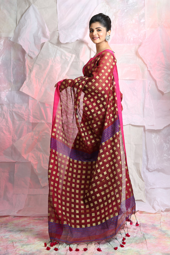 Zari Box Weaving Maroon Handloom Saree freeshipping - Charukriti