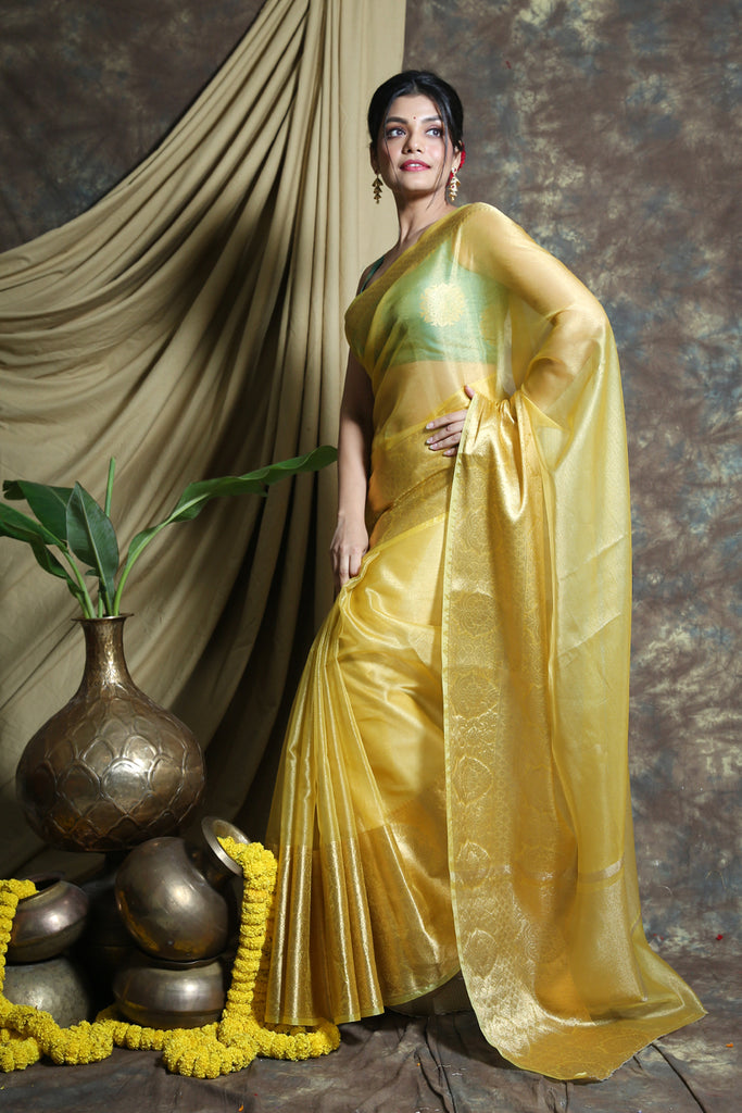 Light Yellow Tissue Saree With Golden Zari Weaving freeshipping - Charukriti