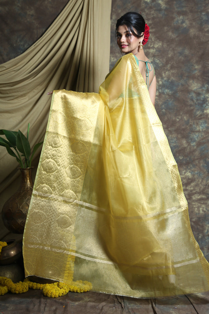 Light Yellow Tissue Saree With Golden Zari Weaving freeshipping - Charukriti