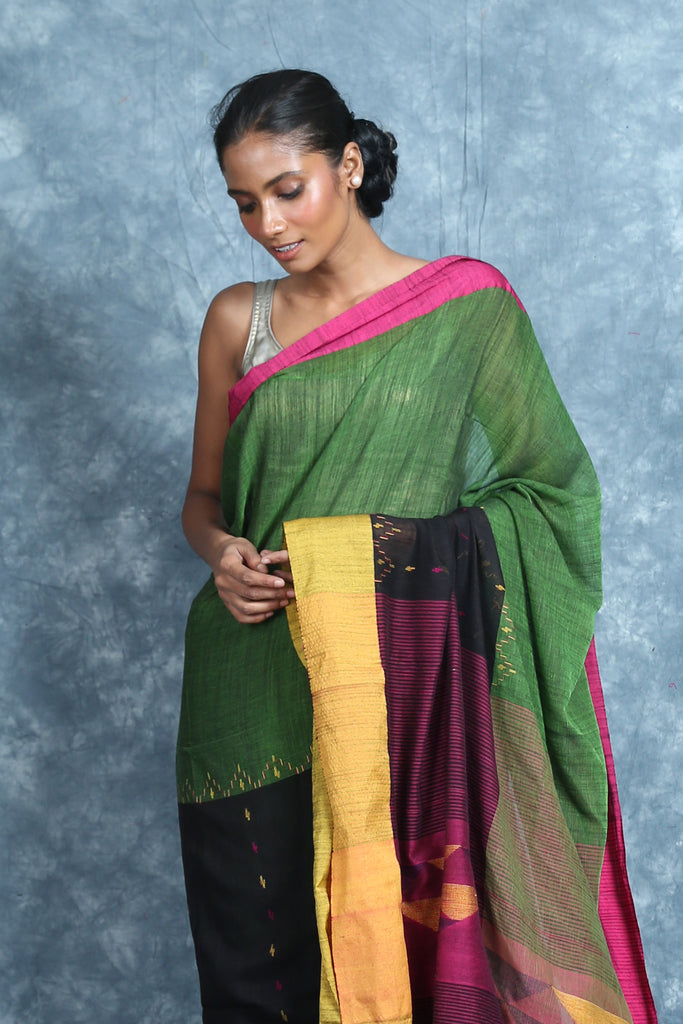 Green & Black Cotton SareeWith Geometrics Pallu freeshipping - Charukriti