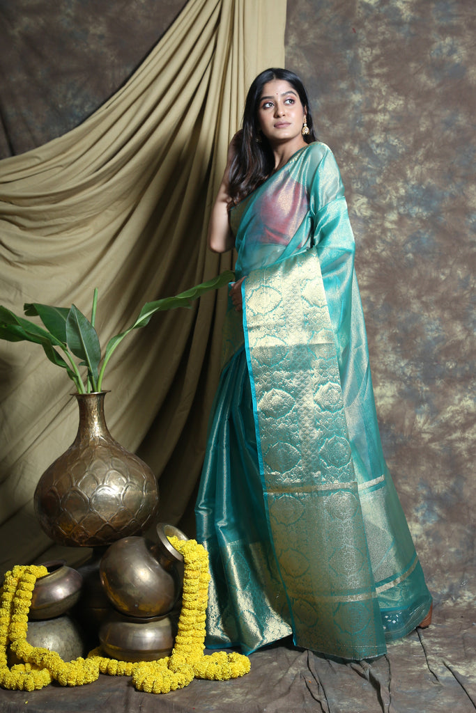 Sky Blue Tissue Saree With Golden Zari Weaving freeshipping - Charukriti