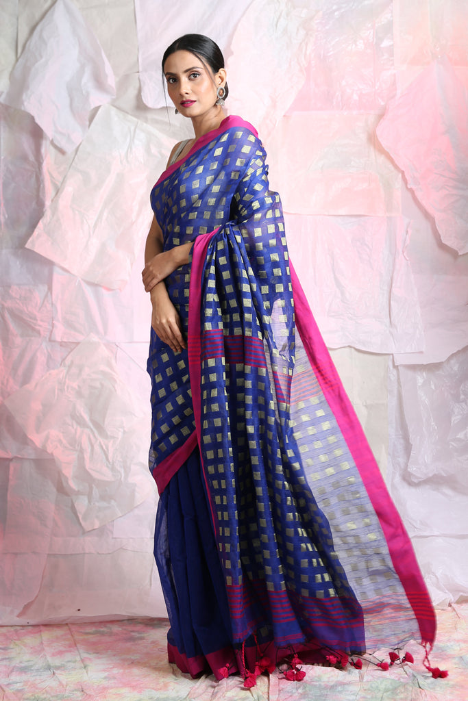 Blue Zari Box Weaving Handloom Saree freeshipping - Charukriti