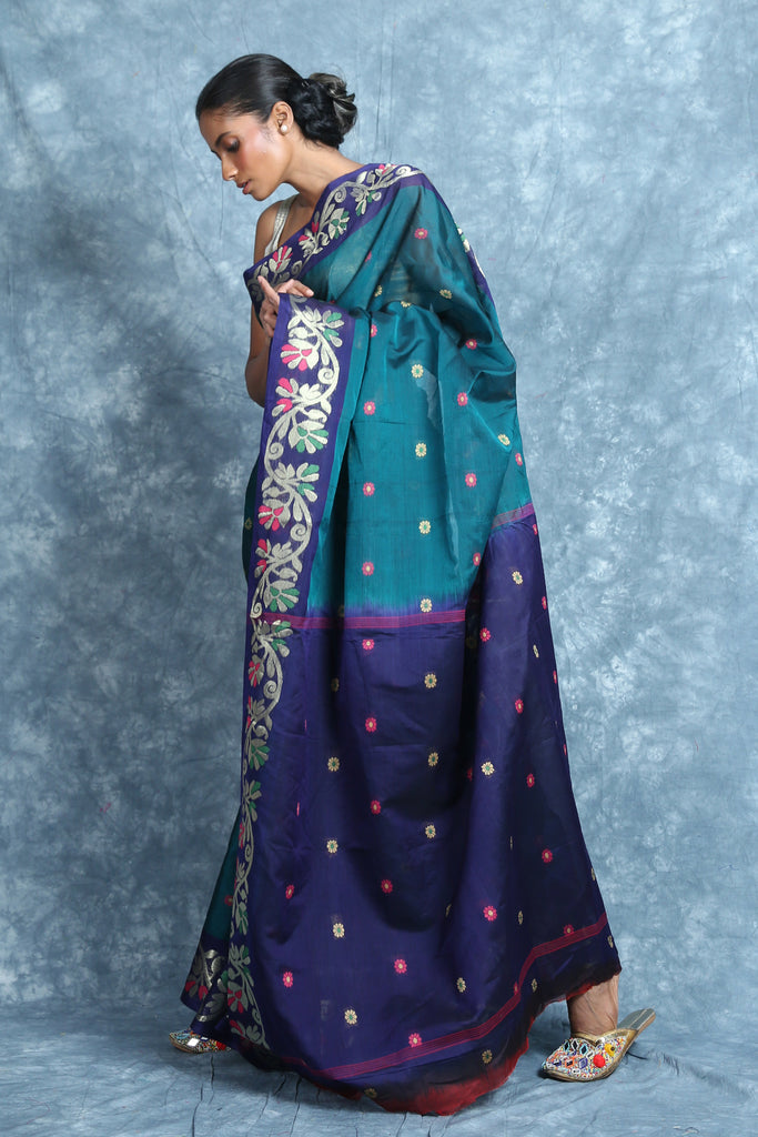 Teal Cotton Saree With Floral Border freeshipping - Charukriti